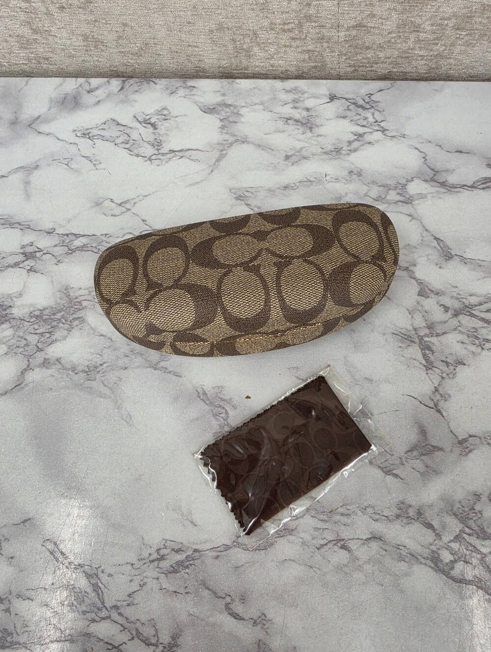 Coach Signature C Monogram Tan Brown Clamshell Eye Glasses Hard Case
